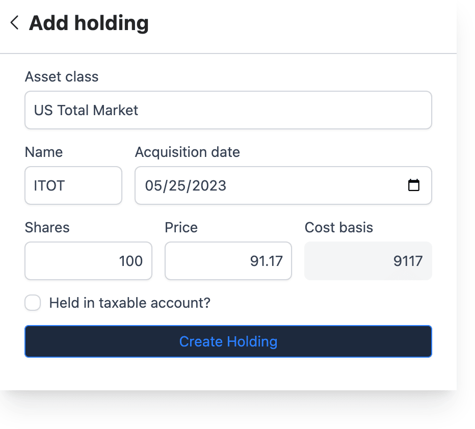 Rebalancing: target allocation per asset class against what is currently held