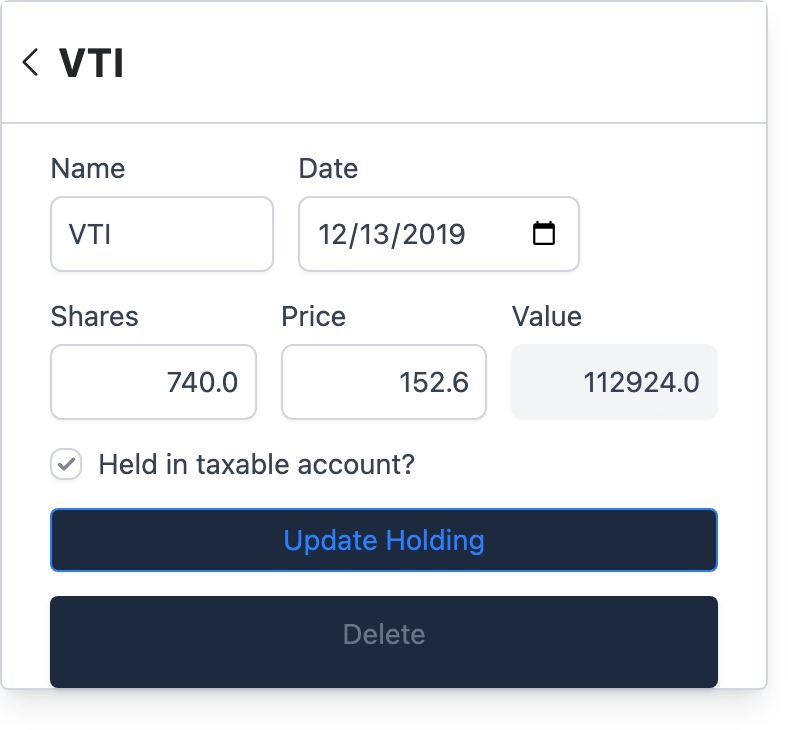 Editing a holding, with a checkbox marking it as held in a taxable account